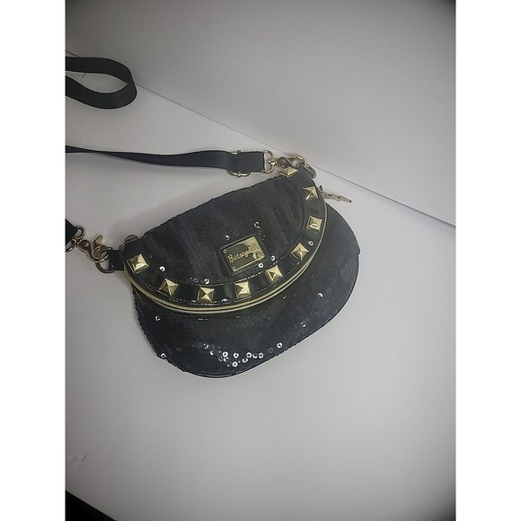 Vintage Betseyville Betsey johnson Purse Shoulder Black Gold Sequin Fold Over - Picture 6 of 15